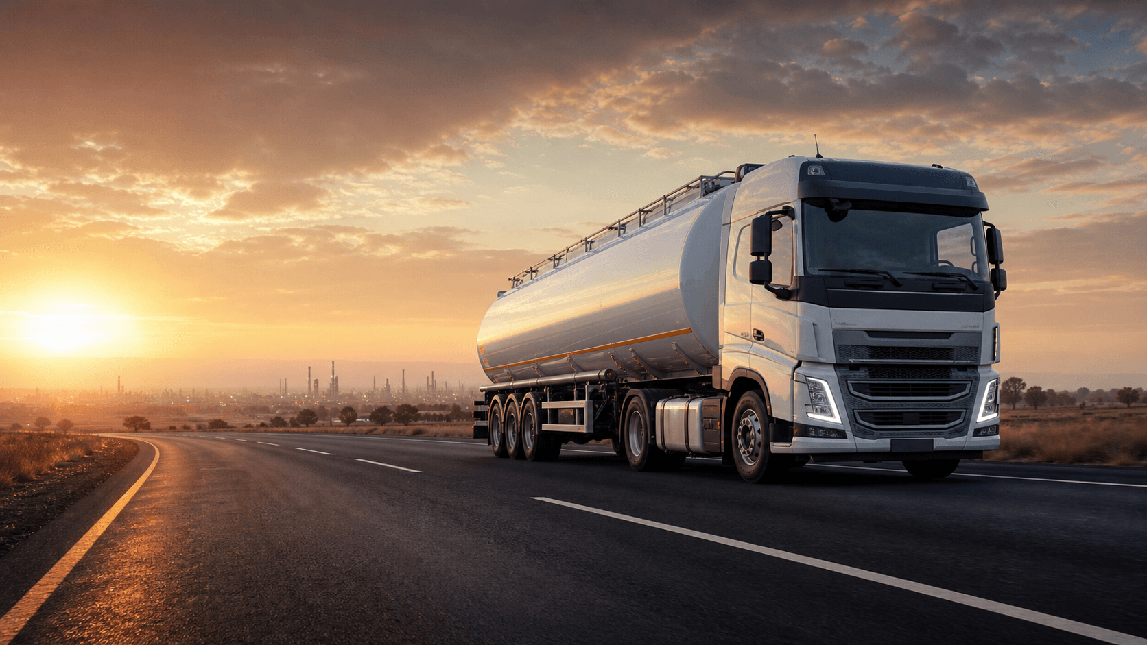 Modern fuel tanker travelling through South Africa at sunrise